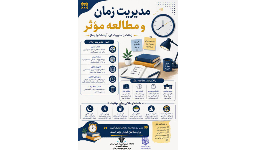 بروشورمدیریت زمان و مطالعه مؤثر؛ کلید موفقیت تحصیلی( ویژه ایام امتحانات)